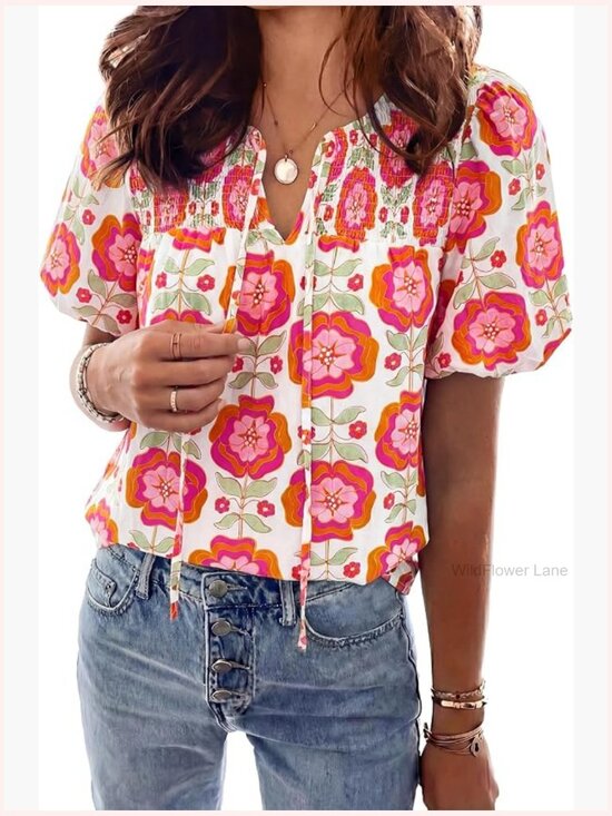 Tops - Boho Floral V Neck Blouse Drawstring Short Sleeve Summer Shirt